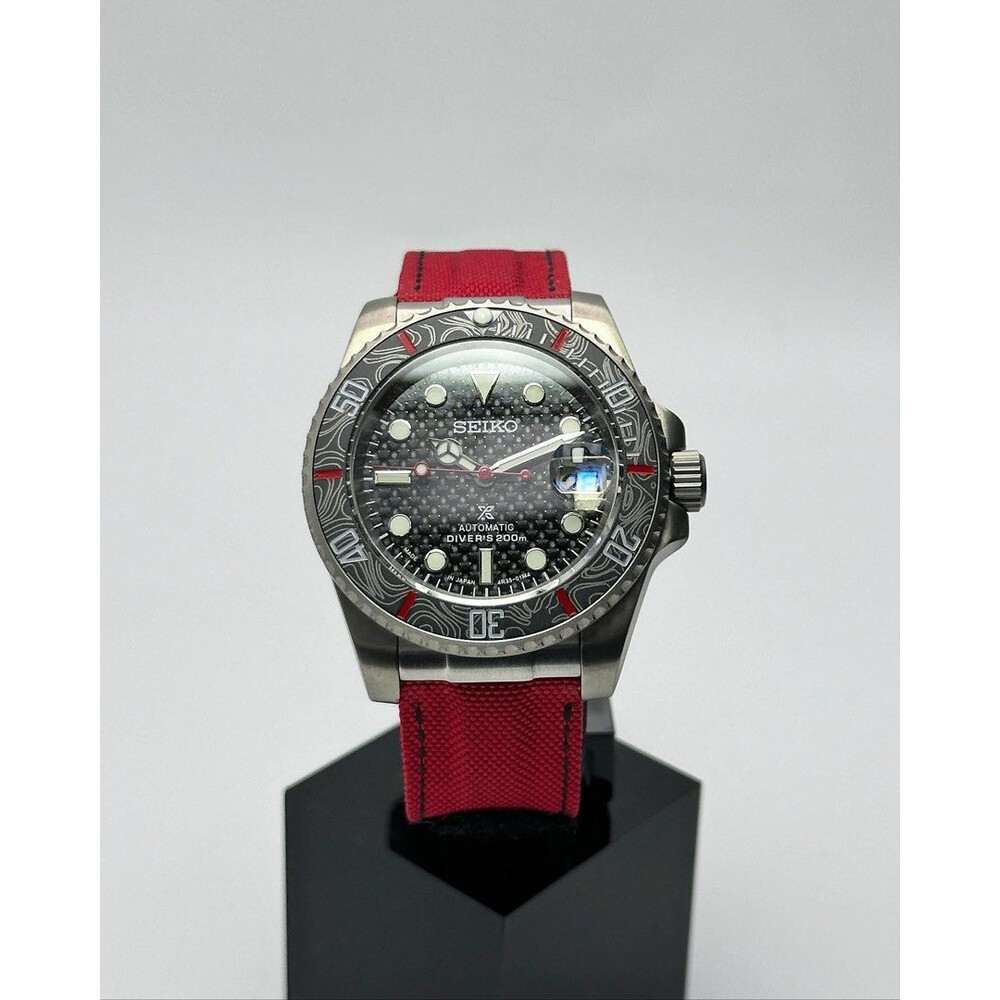 Custom Seiko Mod • Black Red Carbon Titanium Submariner on Velcro • 40mm